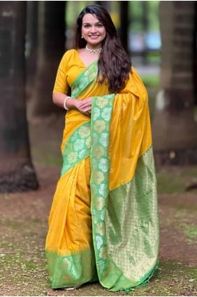 sari jaune en tissage de soie SR27717
