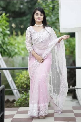 Sari en georgette grise avec paillettes brodées SR27720