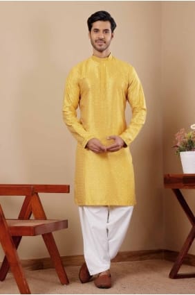 Viscose brodée jaune homme kurta KURR313
