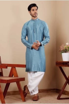 Bleu Viscose Brodé Hommes Kurta KURR314