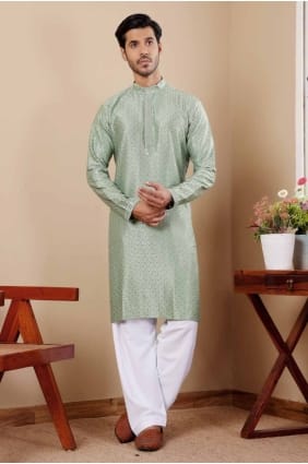 Homme brodé vert Kurta en viscose KURR315
