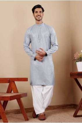 Kurta bleu brodé pour homme en viscose KURR317