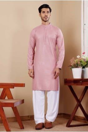 Kurta brodé pour homme en viscose rose KURR319