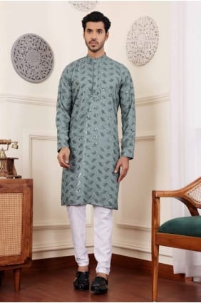 Kurta en viscose pour homme avec broderie en vert KURR321