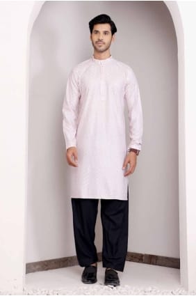 kurta en viscose brodé pour homme en rose clair KURR337
