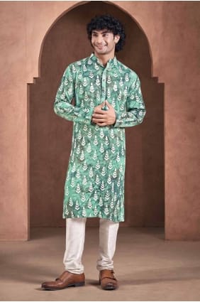 Impression numérique Viscose Hommes Kurta en bleu sarcelle KURR273