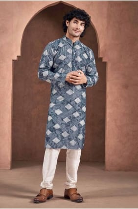Bleu Homme Kurta en viscose avec impression numérique KURR274