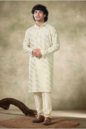 kurta blanc cassé en viscose brodé pour homme KURR280