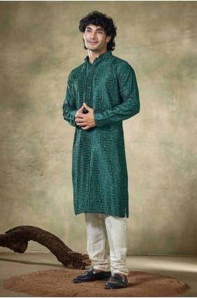 kurta vert brodé pour homme en viscose KURR281