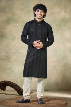 Kurta noir pour homme en viscose avec broderie KURR284