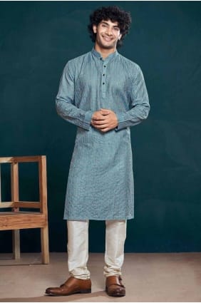 Viscose Men Kurta in Blue with Embroidered KURR293