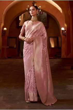 sari en soie banarasi rose avec tissage SR27728