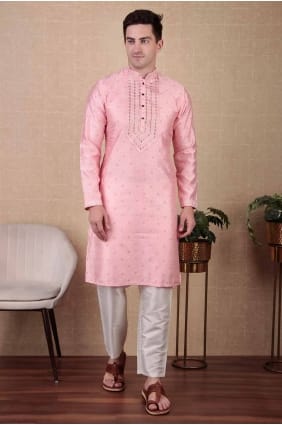 kurta rose brodé pour homme en jacquard KURR347