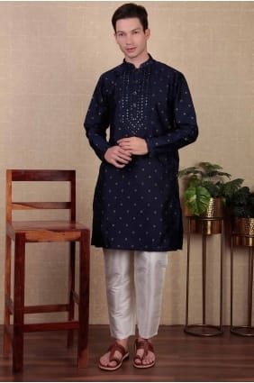 kurta brodé pour homme en jacquard bleu marine KURR348