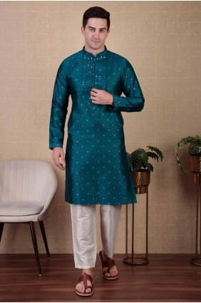 kurta bleu pour homme en jacquard avec broderie KURR352