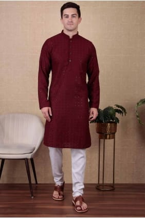 Kurta brodé en coton marron pour homme KURR354