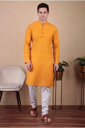 Kurta en coton pour homme avec broderie en jaune KURR355