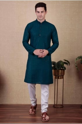 bleu homme kurta avec coton brodé KURR356