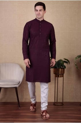 Coton brodé homme Kurta en vin KURR358