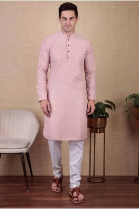 Kurta en coton brodé rose pour homme KURR360