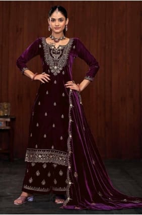 Costume palazzo violet en velours brodé avec dupatta PZ4071