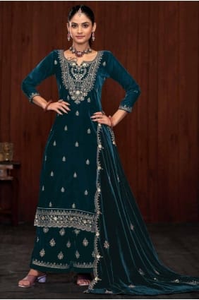 Costume palazzo violet en velours brodé avec dupatta PZ4072