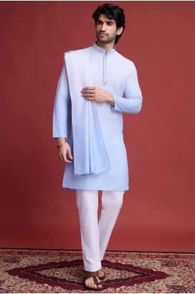 bleu ciel hommes kurta avec rayonne miroir INWU0026