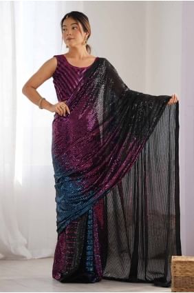Saris noir à sequins en georgette SR27744
