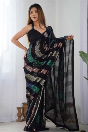 sari en georgette noir avec paillettes SR27746