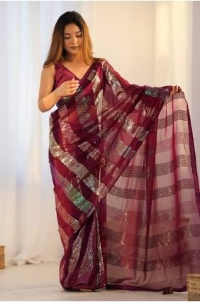 sari à paillettes en georgette marron SR27748