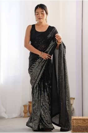 sari noir à paillettes en georgette avec chemisier SR27749
