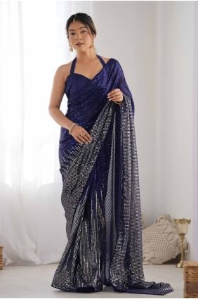 sari bleu en georgette à paillettes SR27750
