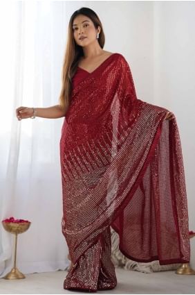 Sari en georgette rouge avec paillettes SR27753