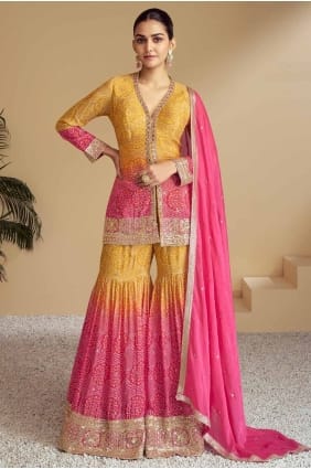 Costume palazzo en mousseline de soie brodée jaune avec dupatta PZ4076