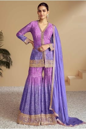 Costume palazzo en mousseline de soie brodée violette PZ4077
