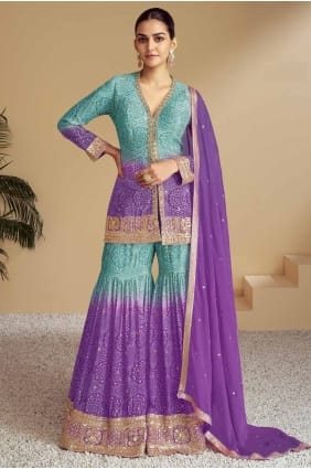 costume palazzo en mousseline de soie avec broderie en violet PZ4075