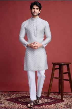 Viscose Hommes Kurta avec miroir en beige KURR364