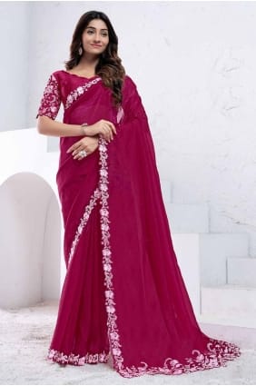 sari en crêpe rose à sequins brodé SR27755