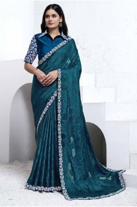 sari en crêpe bleu sarcelle avec paillettes brodé SR27756