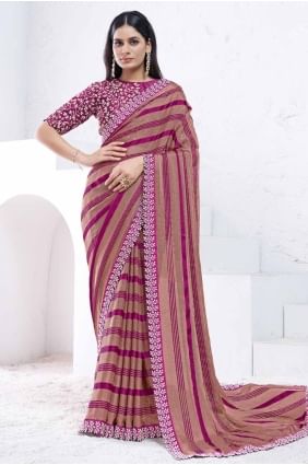 Sari en georgette marron et violet avec pierres travaillées à la main SR27768