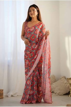 Sari rouge à imprimé numérique en mousseline SR27773