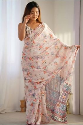 Sari en mousseline de soie à imprimé numérique crème avec chemisier SR27774