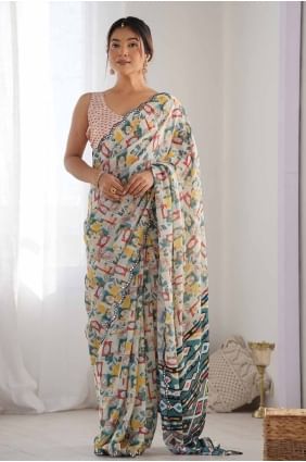 Sari en mousseline de soie à imprimé numérique blanc cassé SR27779