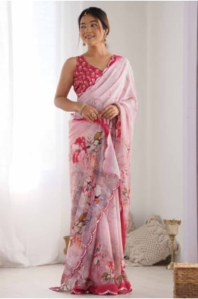 Sari en mousseline de soie imprimé numérique en rose SR27780