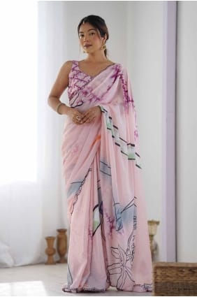 Sari rose en mousseline de soie avec imprimé numérique SR27782