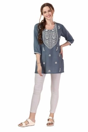 kurti gris brodé en rayonne KTI2564