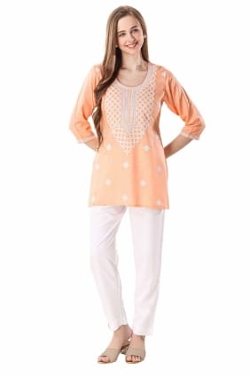 kurti en rayonne brodé pêche KTI2565