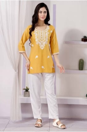 kurti brodé jaune en rayonne KTI2567