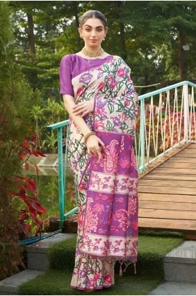 Sari en soie Tussar imprimé Violet SR27787