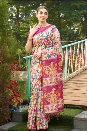 sari imprimé rose en soie tussar SR27791